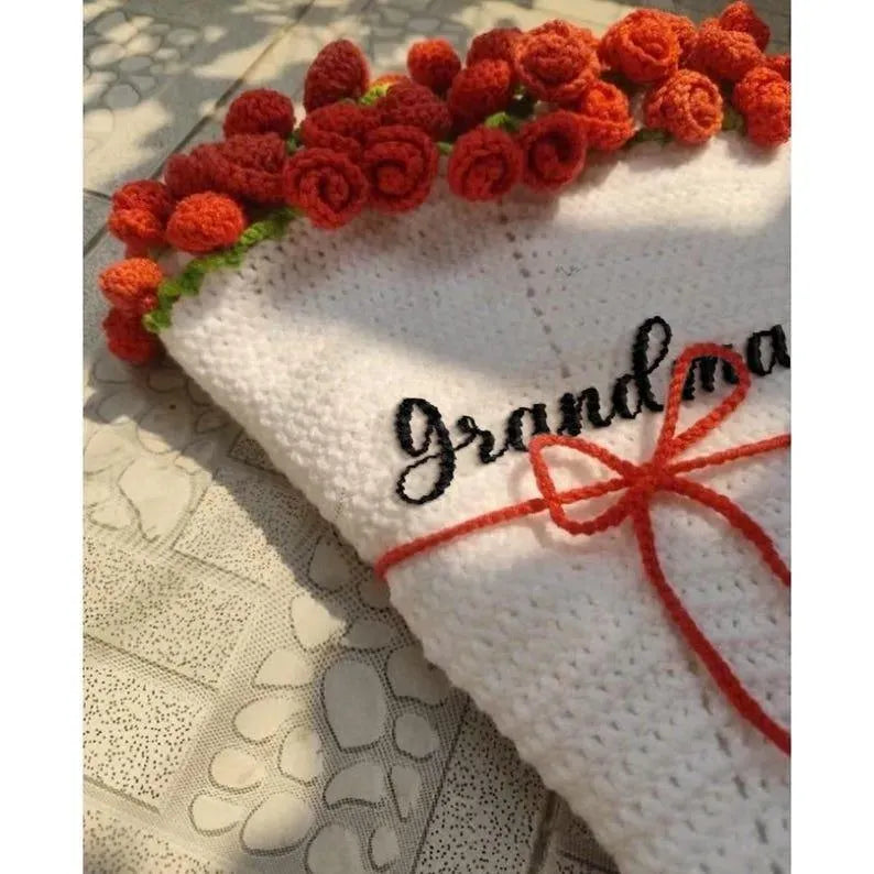 Rose Blanket™ – Hand-Knitted with Custom Name | Cozy Personalized Gift for Mom or Grandma