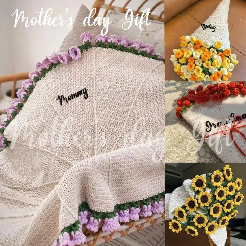 Rose Blanket™ – Hand-Knitted with Custom Name | Cozy Personalized Gift for Mom or Grandma