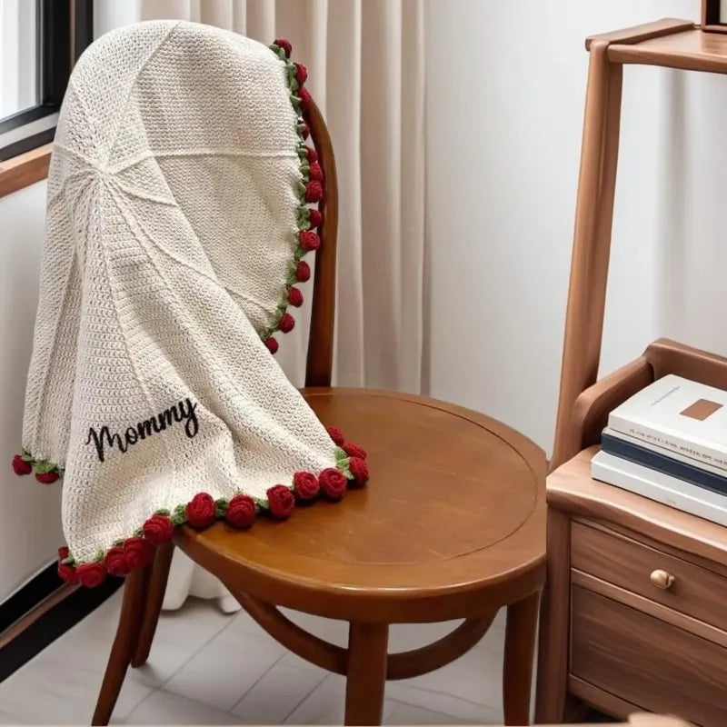 Rose Blanket™ – Hand-Knitted with Custom Name | Cozy Personalized Gift for Mom or Grandma
